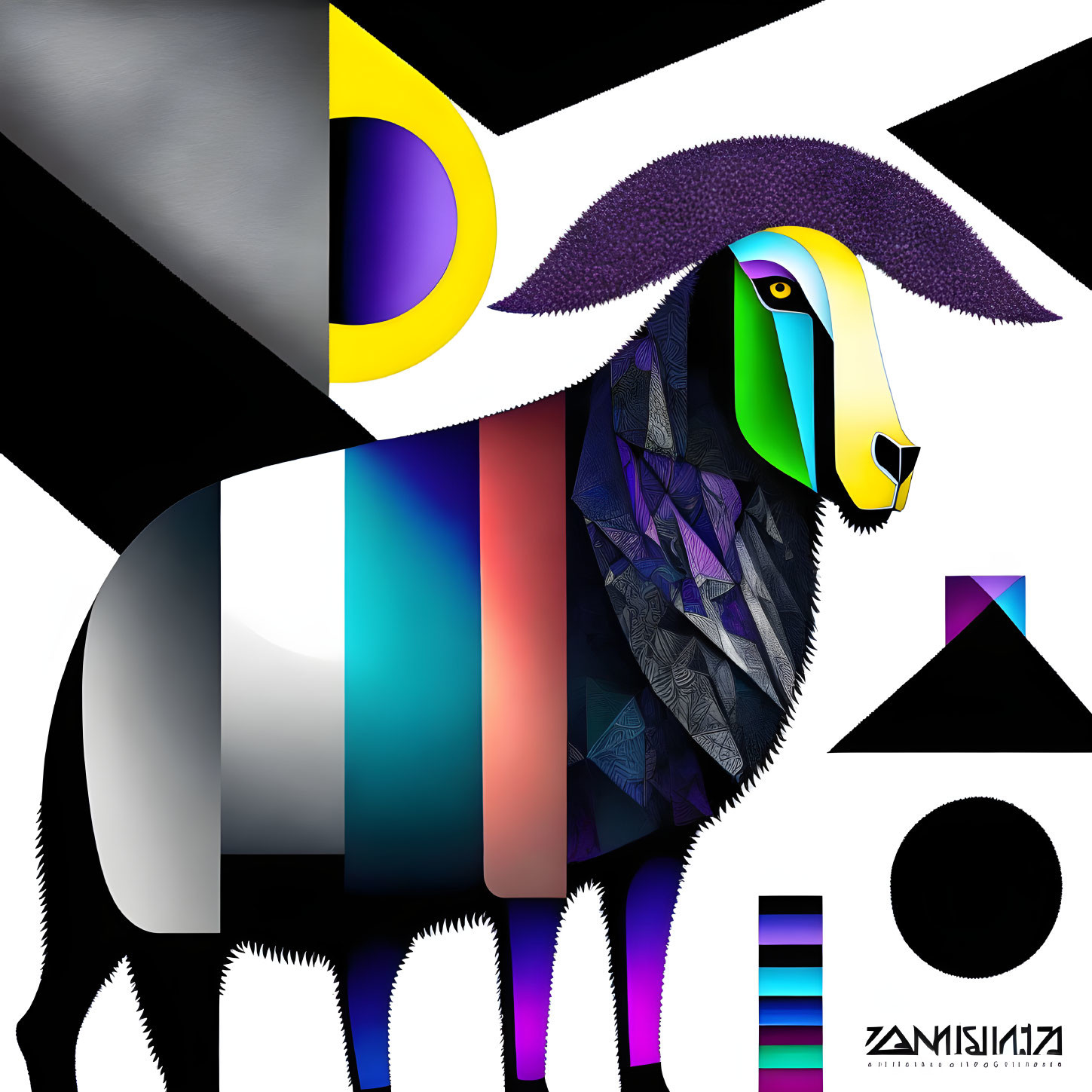 Colorful Abstract Geometric Sheep Art on Black and White Background