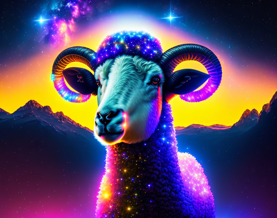 Colorful cosmic ram with glowing horns in starry night sky.