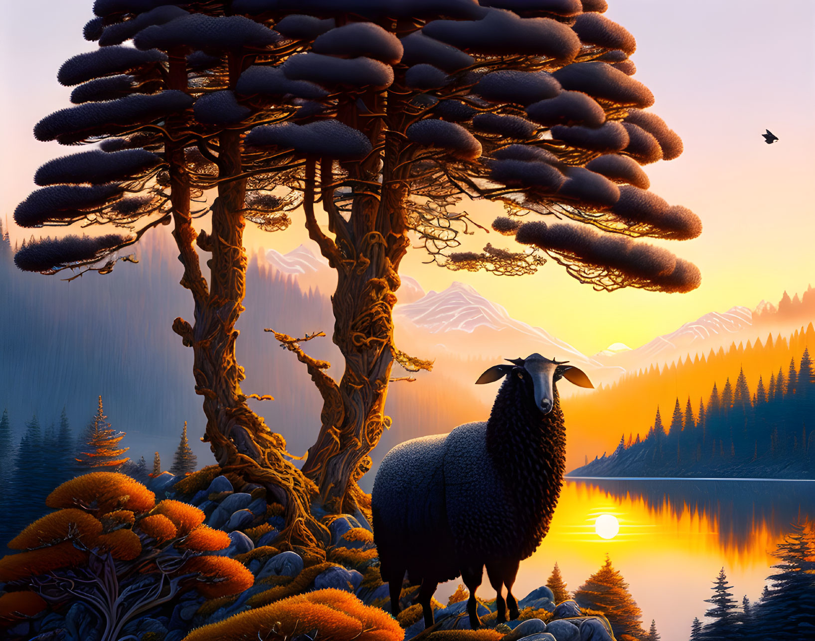 black old pine trees and sheep