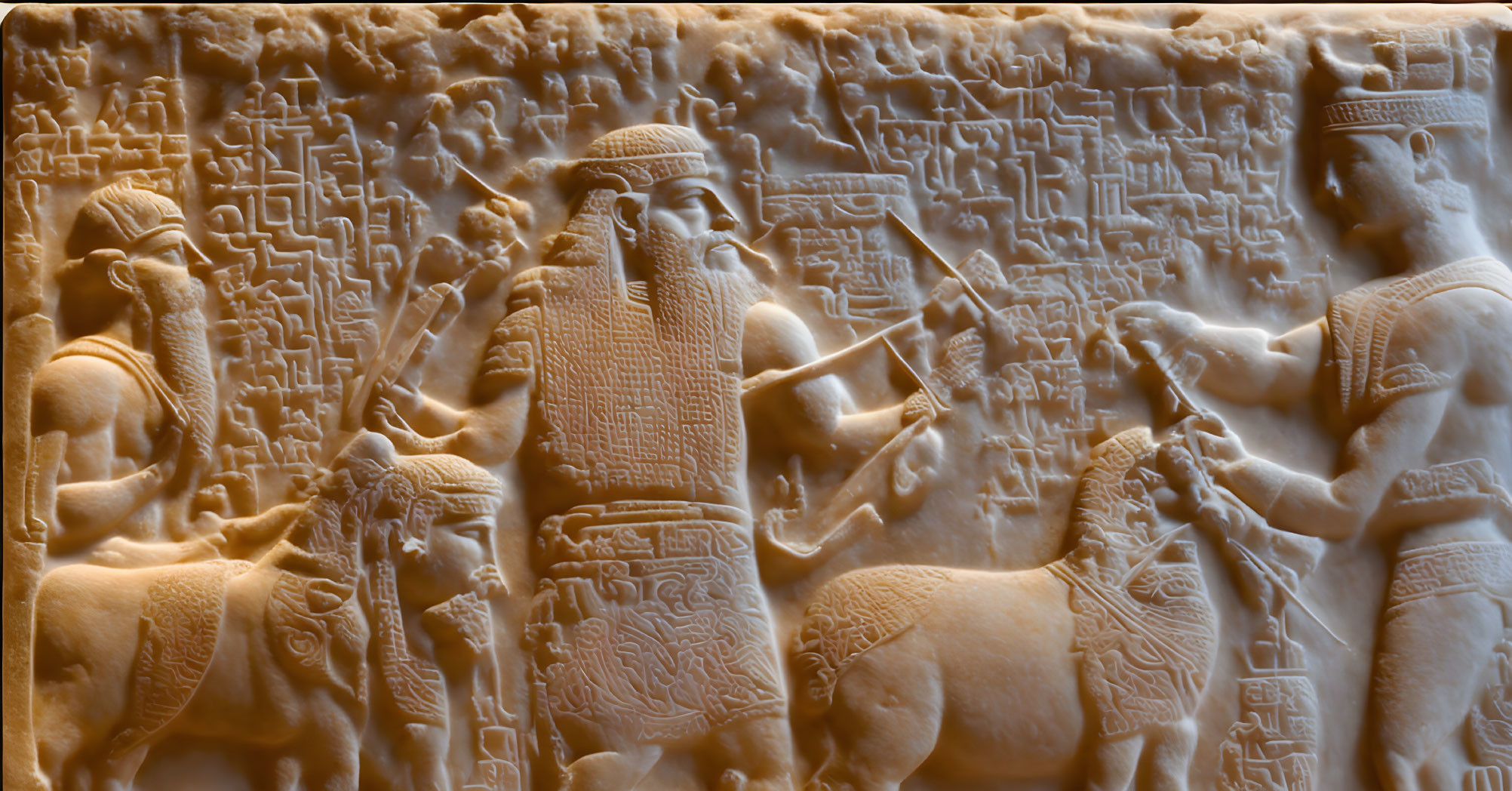 Ancient relief with figures in traditional garb on horseback, detailed interaction, and cuneiform
