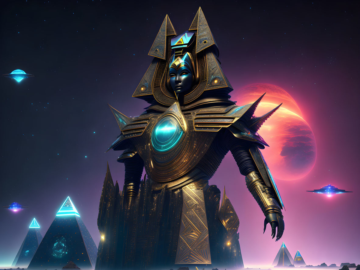 Armored alien figure under starry sky with red planet, flying saucers, and pyramids