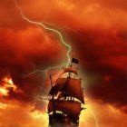 Majestic ship with red sails on turbulent sea at sunset with flying machines.