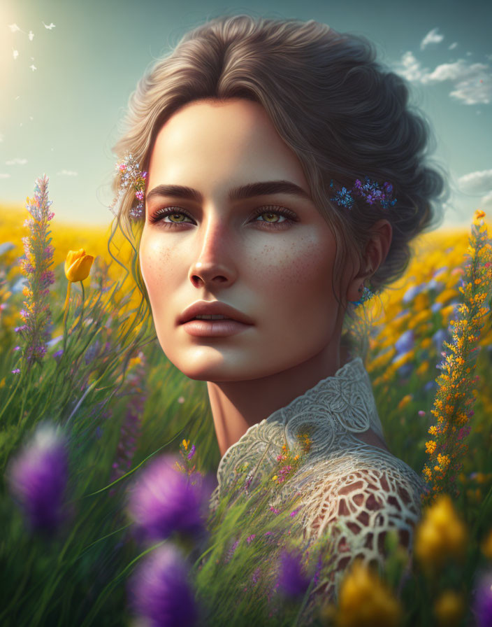 Woman portrait, In a field of flowers