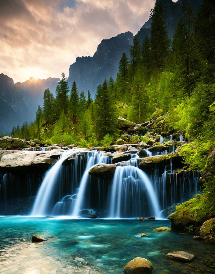 Tranquil waterfall in lush greenery with sunset-lit mountain landscape