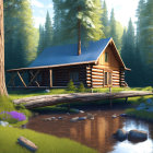 Tranquil Log Cabin by Stream in Sunlit Forest Clearing