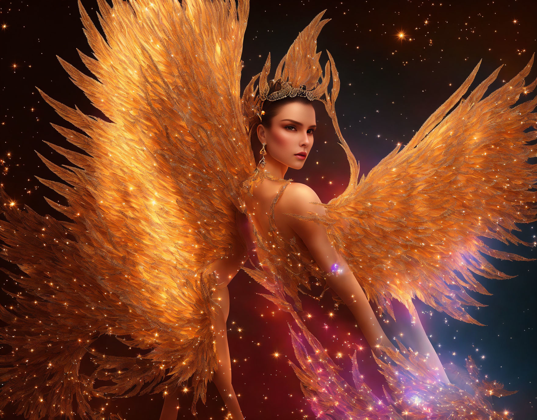 Golden-winged figure with crown and jewels against starry backdrop