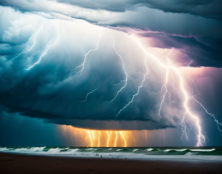 Intense ocean thunderstorm with lightning strikes and dark clouds