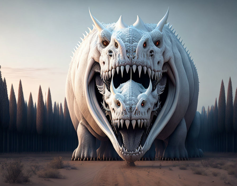 Digital artwork of multi-headed dragon creature with skull heads in desert setting.