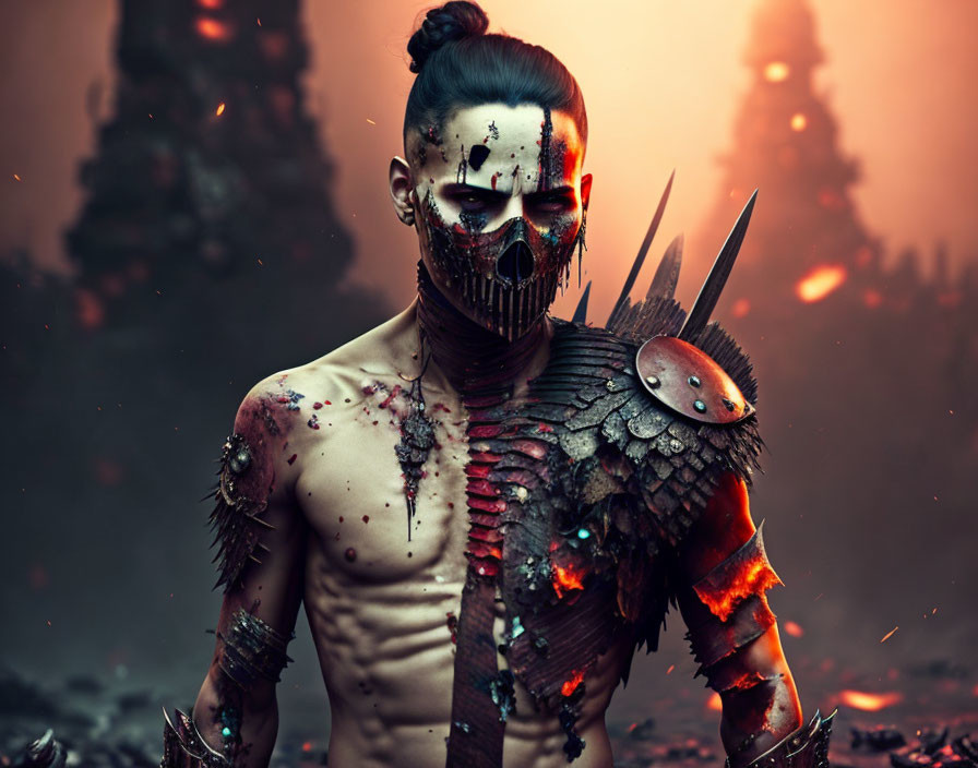 Warrior with tribal face paint and armor in fiery backdrop