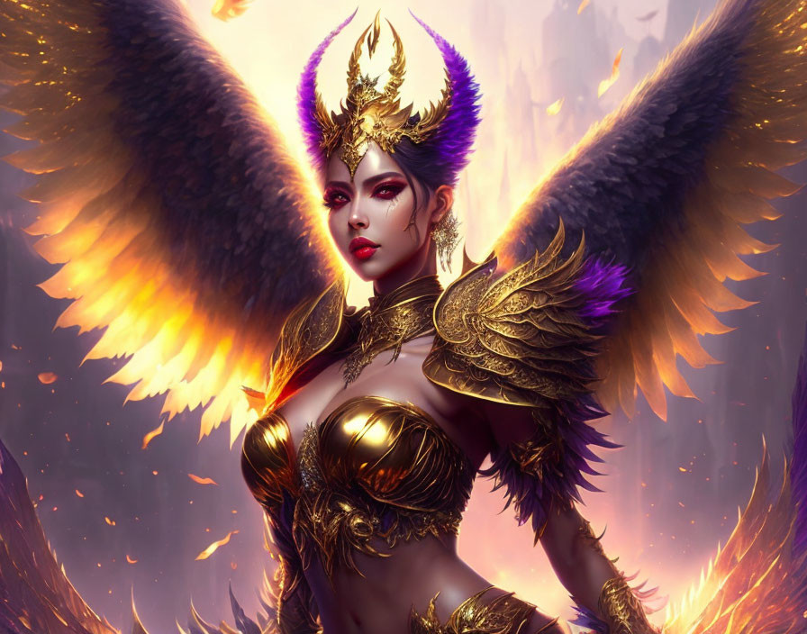 Fantasy character with glowing wings and golden armor in fiery setting