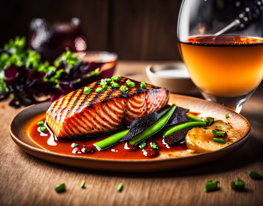 Grilled Salmon Fillet and Vegetables with Spring Onions and Sesame Seeds on Ceramic Plate