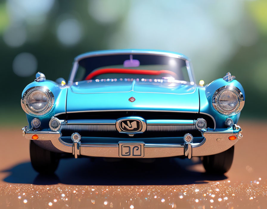 Vintage Blue Car with Chrome Accents and Headlamps in Sunlight