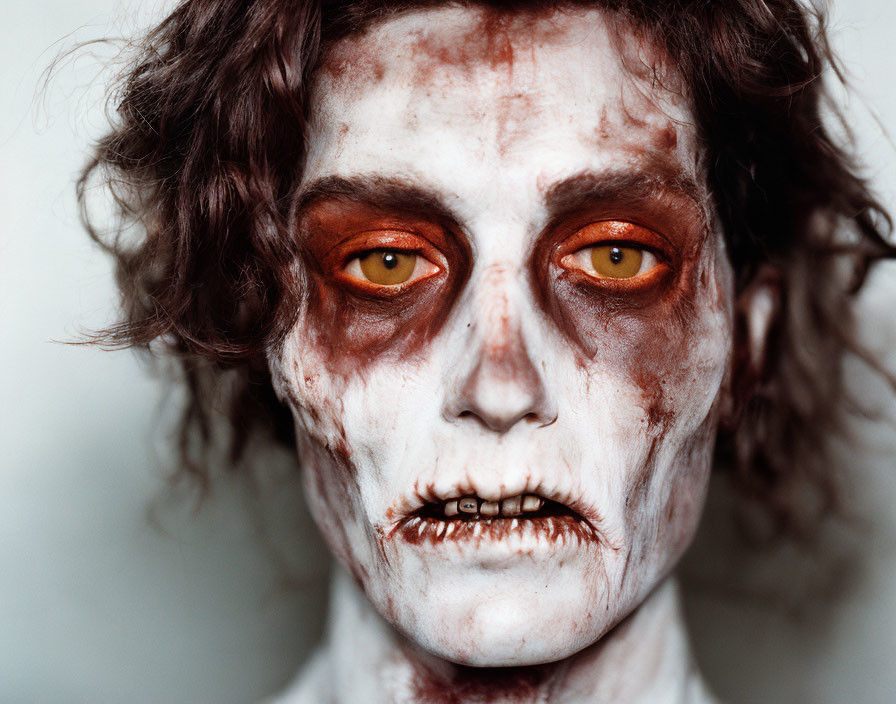 Detailed Zombie Makeup with Pale Skin and Dark Circles