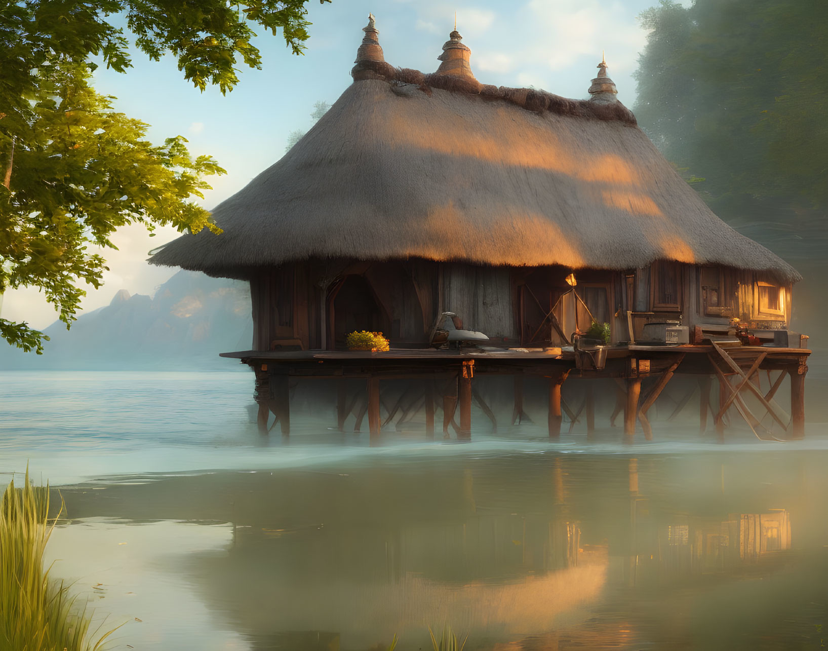 Serene sunrise scene of thatched-roof hut on stilts over water