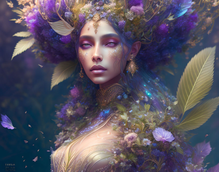 Fantasy portrait of woman with floral crown and gold accents