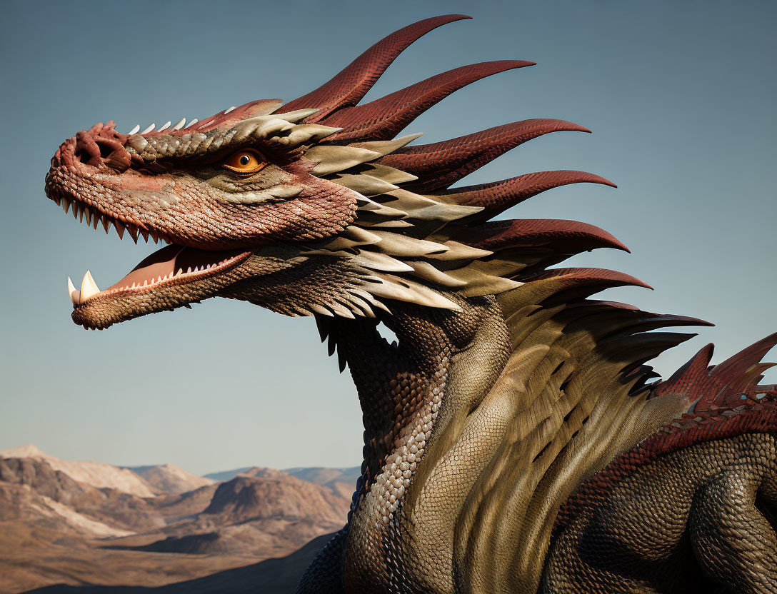 Detailed Dragon with Red Spines, Yellow Eyes, and Desert Mountain Background