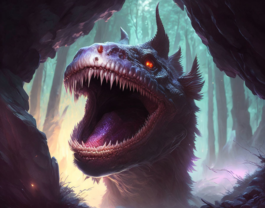Ferocious fantasy creature in mystical forest with sharp teeth and glowing eyes