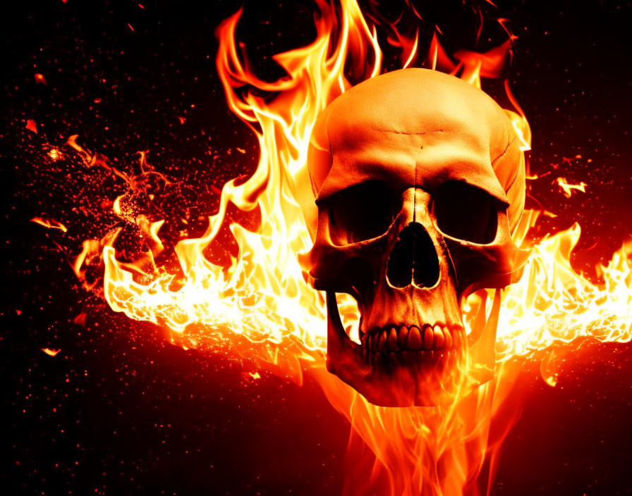 Flaming human skull on dark fiery background