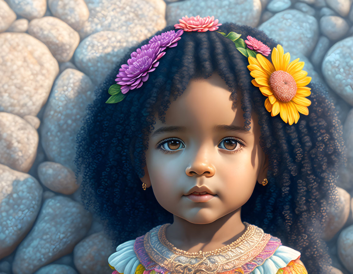 Colorful flower-adorned girl with curly hair in detailed digital illustration