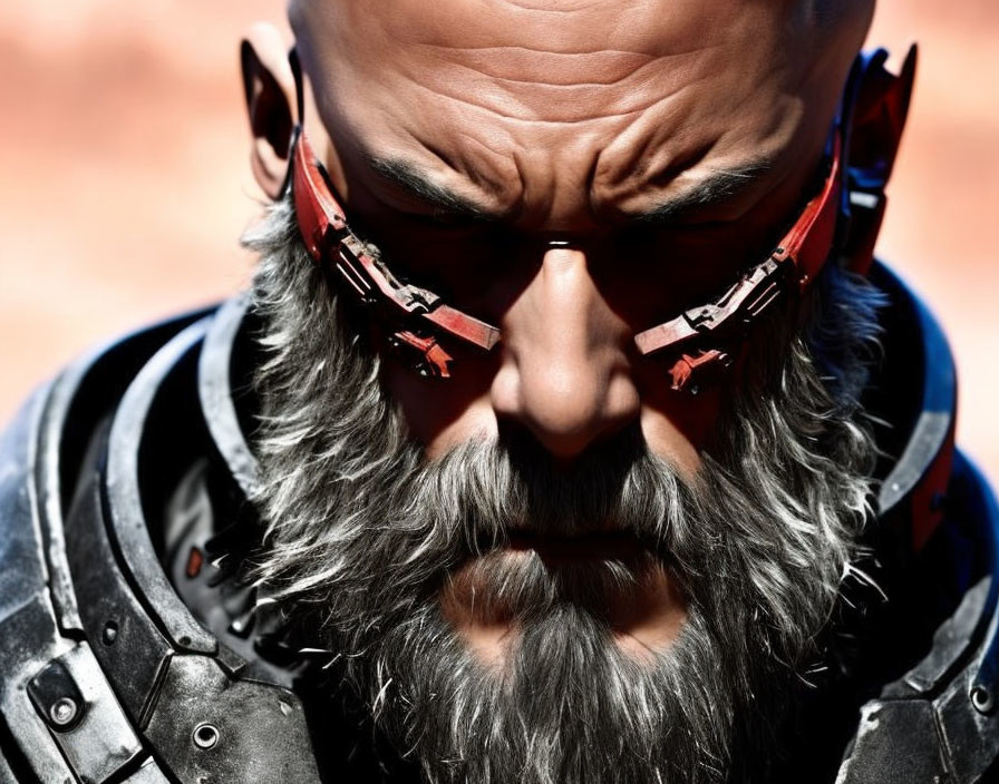 Bearded man in red futuristic sunglasses and body armor portrait