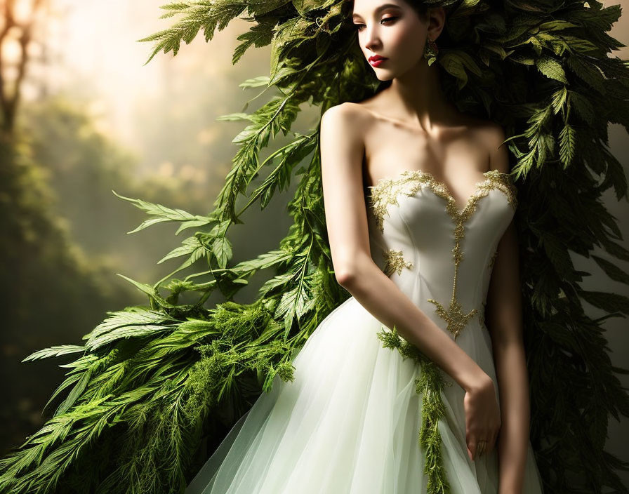 Woman in white dress with gold detailing and ferns against natural backdrop
