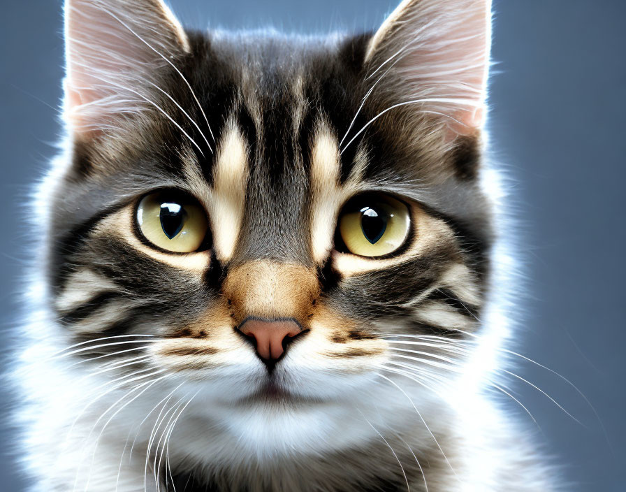 Tabby Cat with Yellow Eyes and Blue Background