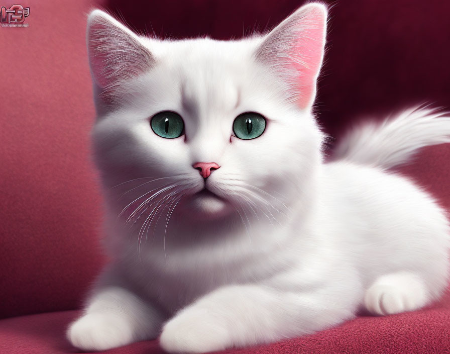 Fluffy White Cat with Green Eyes and Pink Nose Sitting Attentively