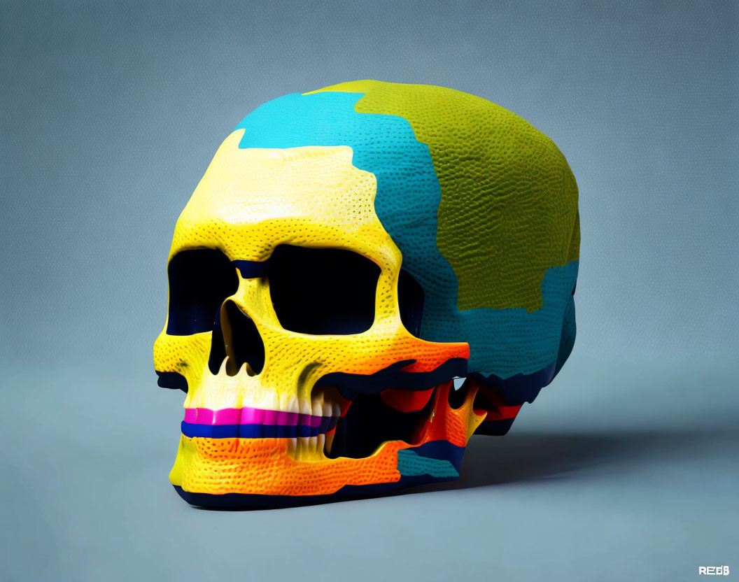 Colorful Globe-Inspired Skull Art on Grey Background