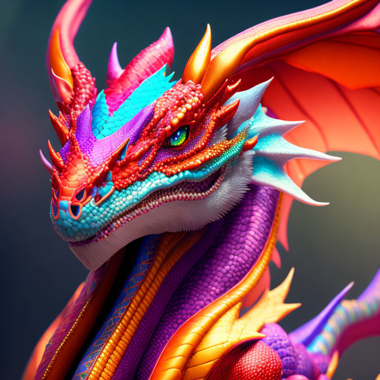 Vibrant dragon with red horns, blue eyes, and multicolored scales on display