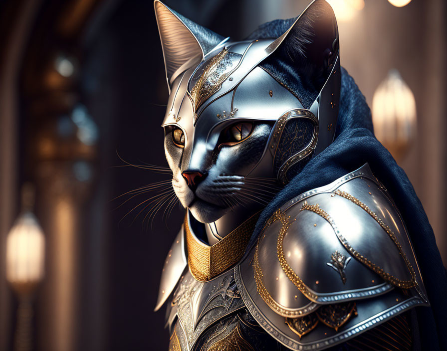 Cat in Medieval Armor with Human-Like Features and Cape in Gothic Setting