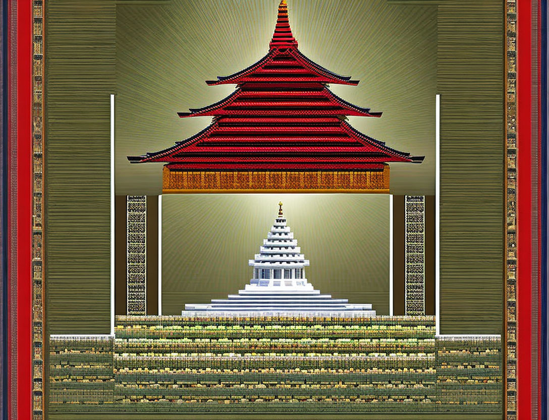 Digitally rendered stylized pagoda on multi-tiered background.
