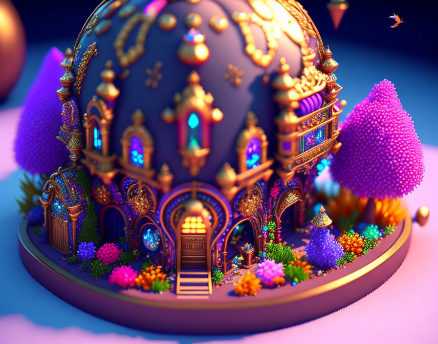 Colorful 3D fantasy palace with golden details in lush scenery
