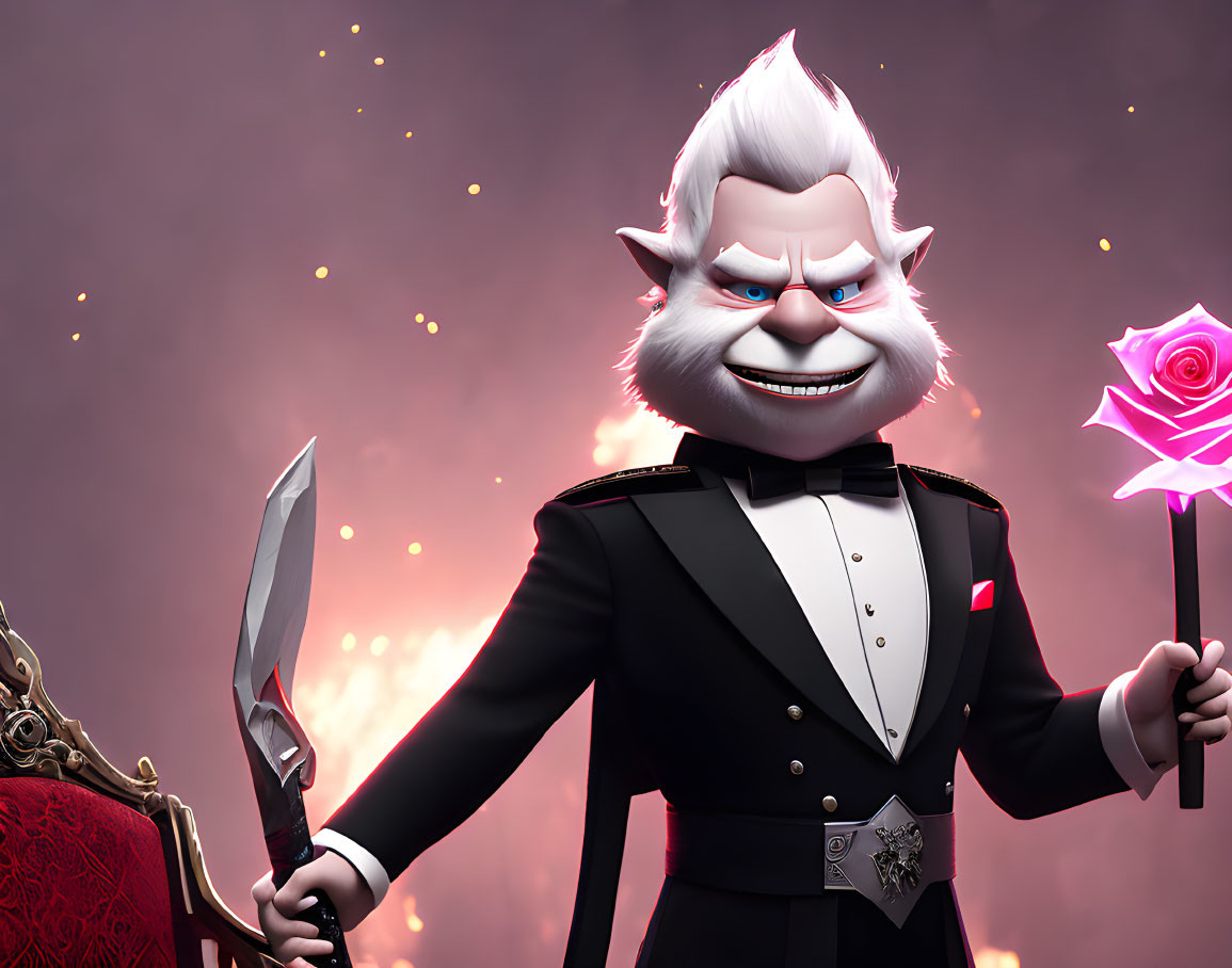 White Gorilla in Black Suit with Knife and Scepter Smirking in Fiery Background
