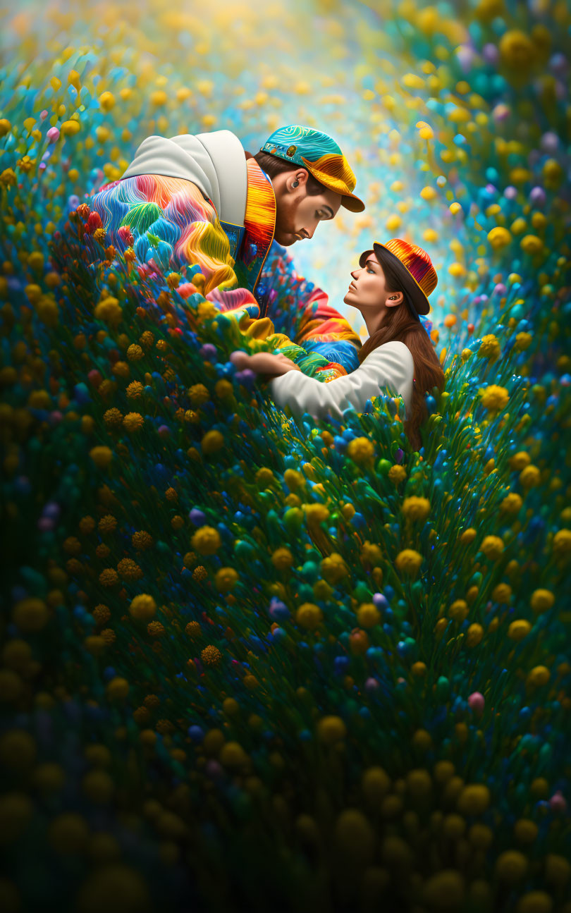 Romantic scene with two people surrounded by colorful flowers