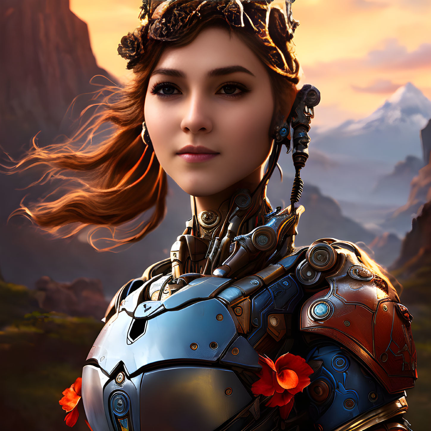 Digital artwork: Woman with robotic body, crown, flowing hair, against mountain backdrop