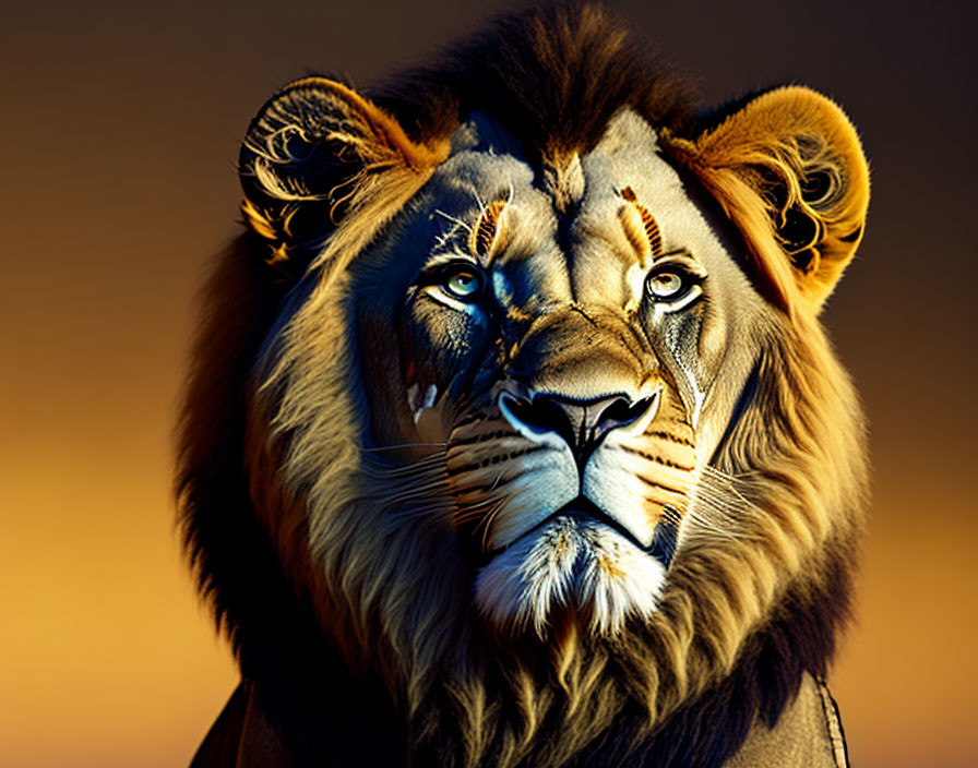 Majestic lion portrait with piercing gaze and warm lighting