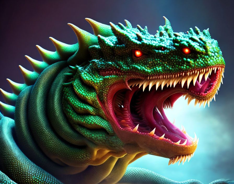 Fierce green dragon with red eyes on dark background