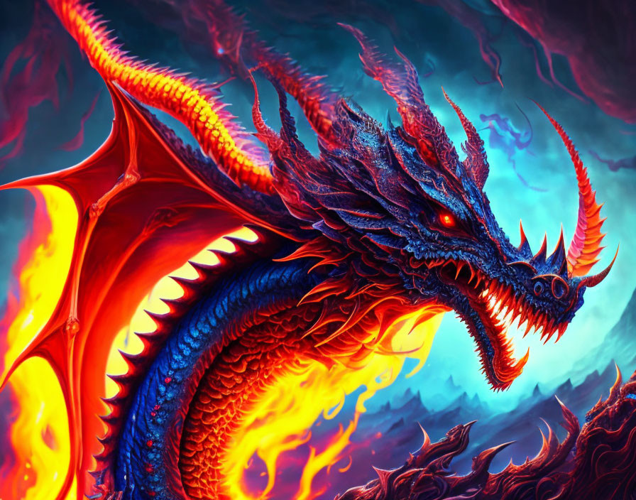 Blue Dragon with Orange Wings and Spikes in Fiery Scene