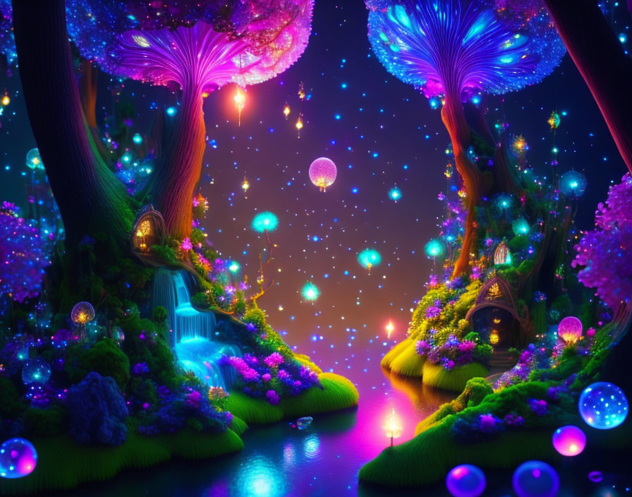 Fantasy landscape with luminous trees, glowing orbs, waterfall, and starlit sky
