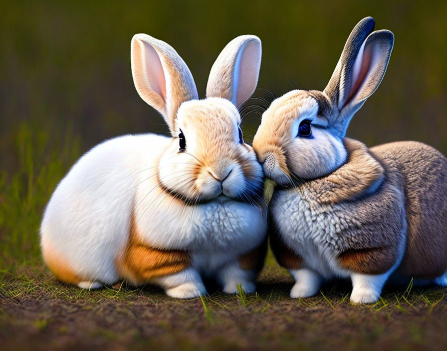 Rabbits cuddling on grass: white and tan, gray and brown