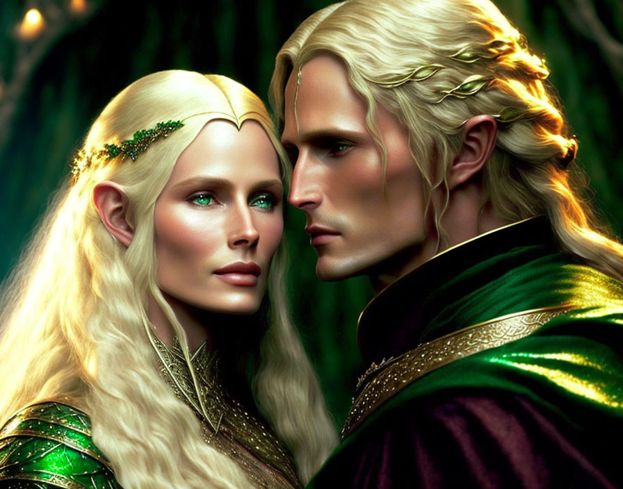 Male and female elf illustration with blond hair in green and gold attire in forest scene
