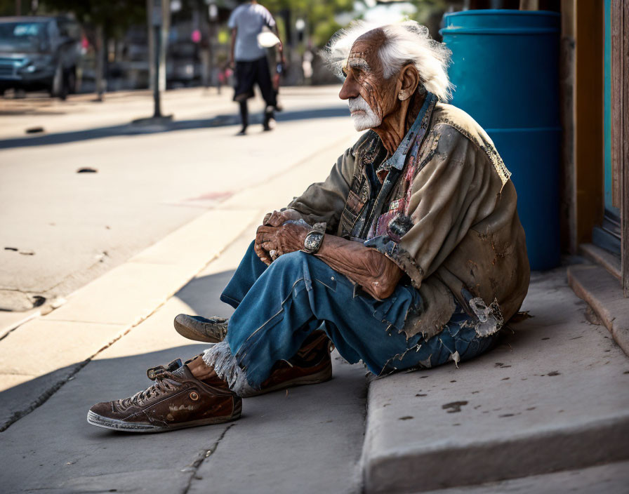 Elderly man with white hair and beard sitting on city sidewalk deep in thought