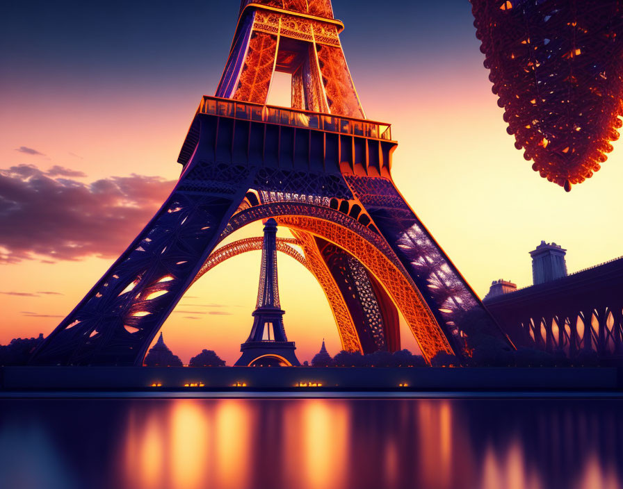 Iconic Eiffel Tower Sunset with Orange and Purple Sky Reflections