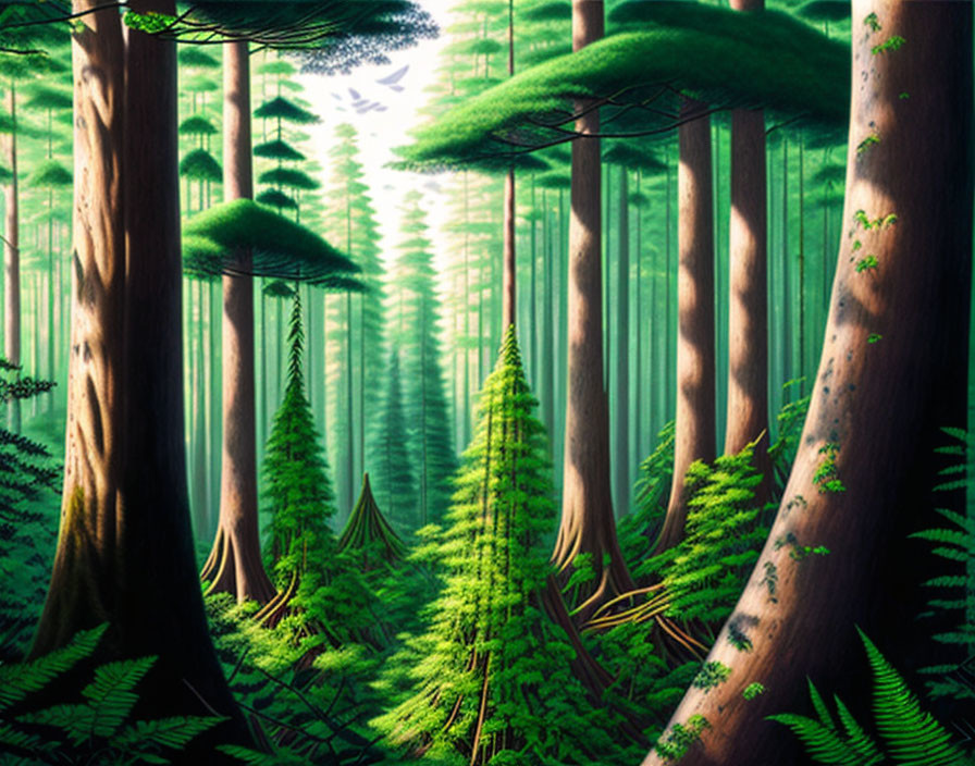 Majestic forest scene with towering trees and lush greenery