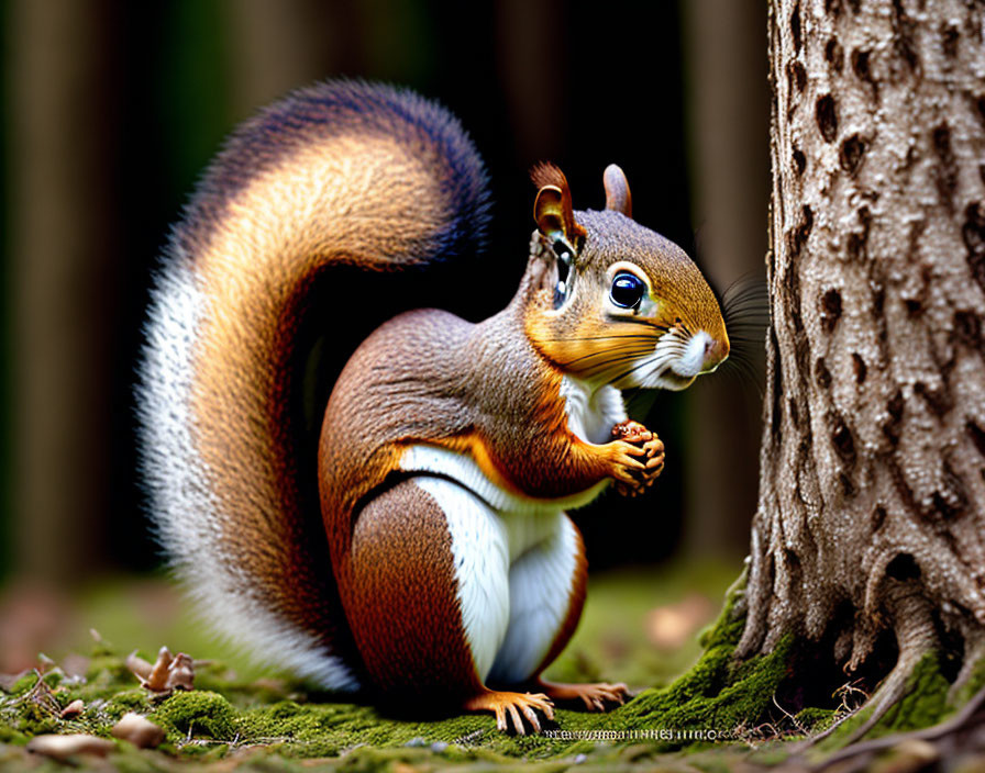 Colorful squirrel with bushy tail holding object near tree in forest scene