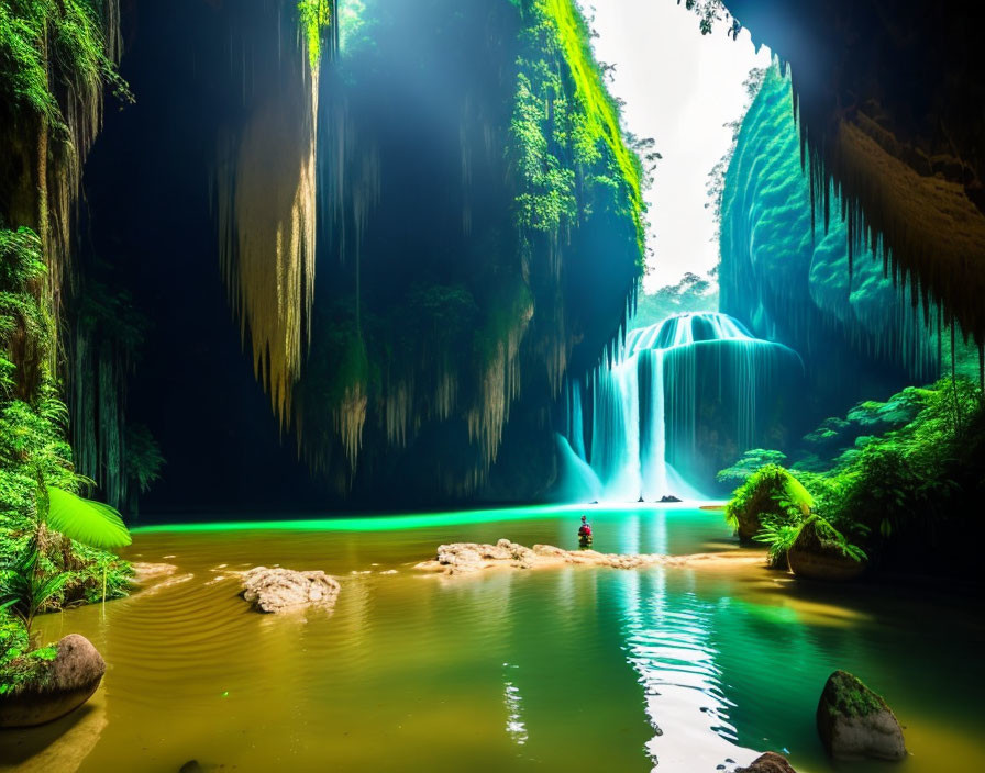 Tranquil cave with turquoise waterfall, lush greenery, glowing stream, boat, and person.