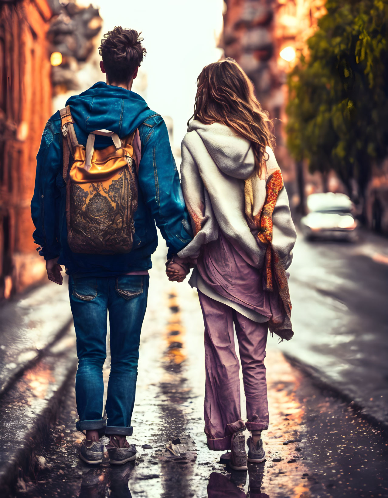 Couple Walking Hand in Hand on Wet Cobblestone Street at Night