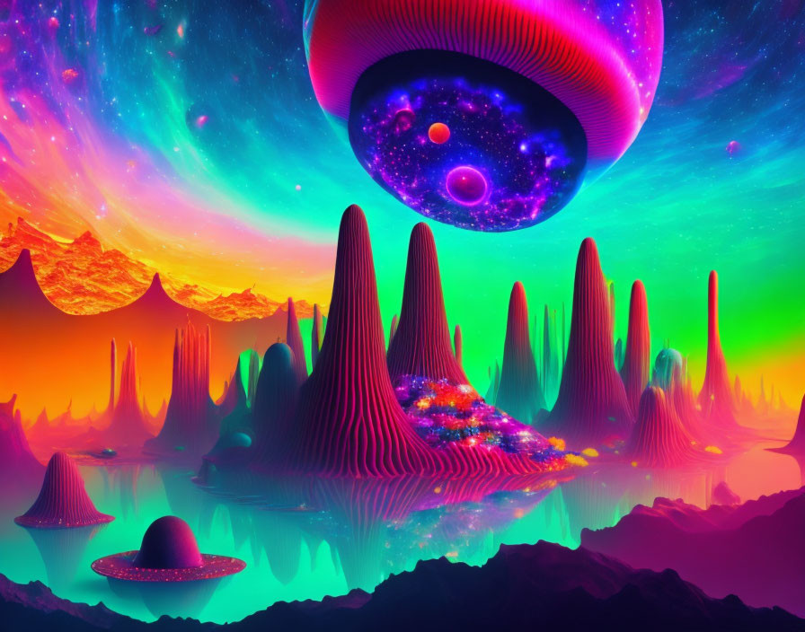 Surreal alien landscape with neon colors, mountains, water reflection, and UFOs