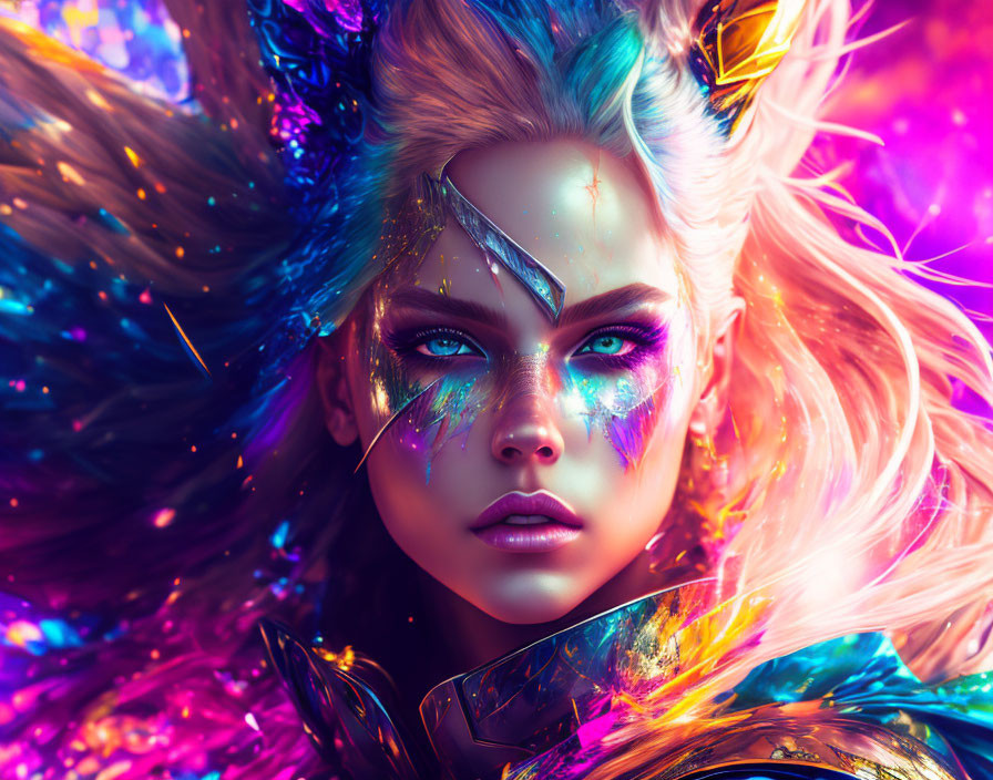 Colorful portrait of a woman with blue eyes in fantasy armor and makeup