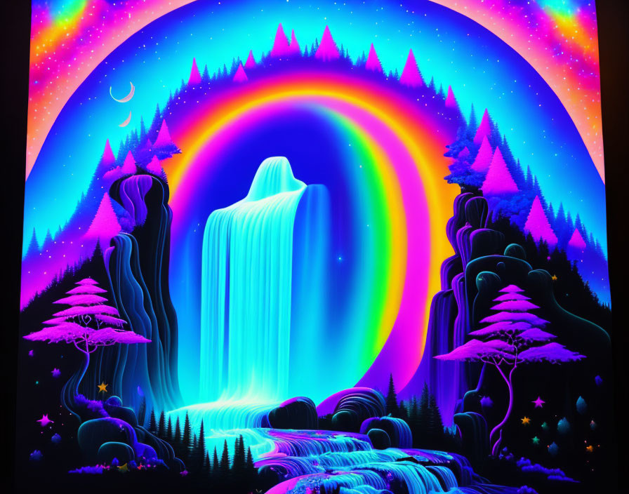 Colorful neon waterfall with rainbow arch in starry night scene